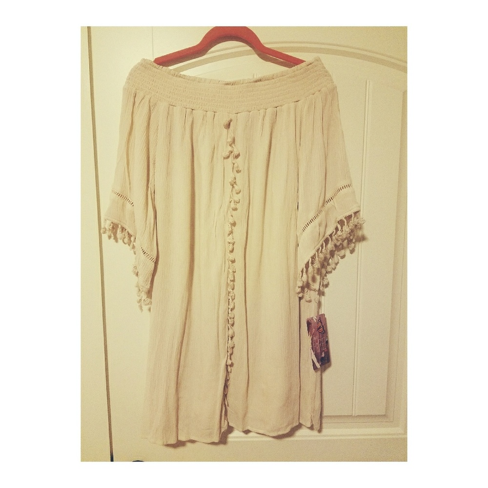 NWT FLOWY OFF THE SHOULDER DRESS W POMS